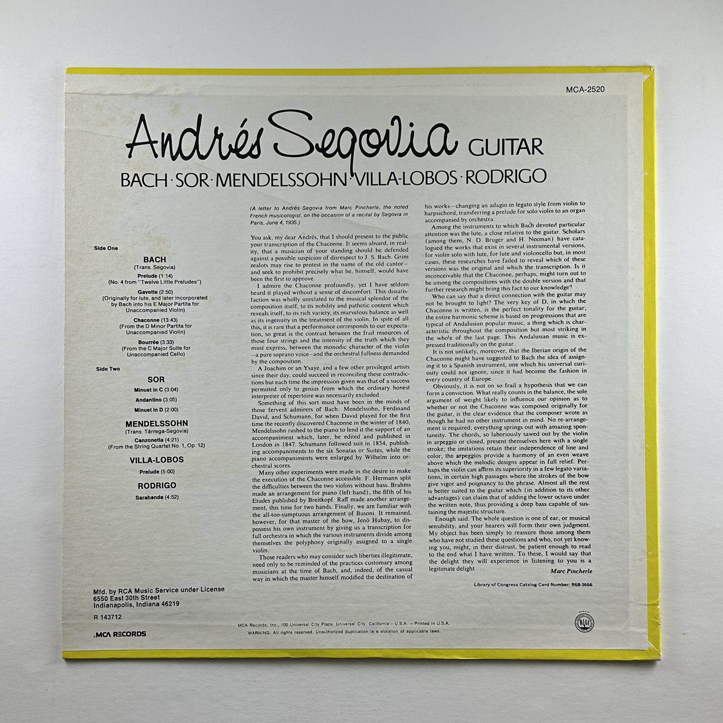 Pre-Owned :: Andres Segovia "Bach: Chaconne" LP