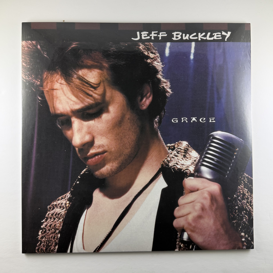 Vinyl record cover featuring a person holding a microphone with 'Jeff Buckley Grace' text.