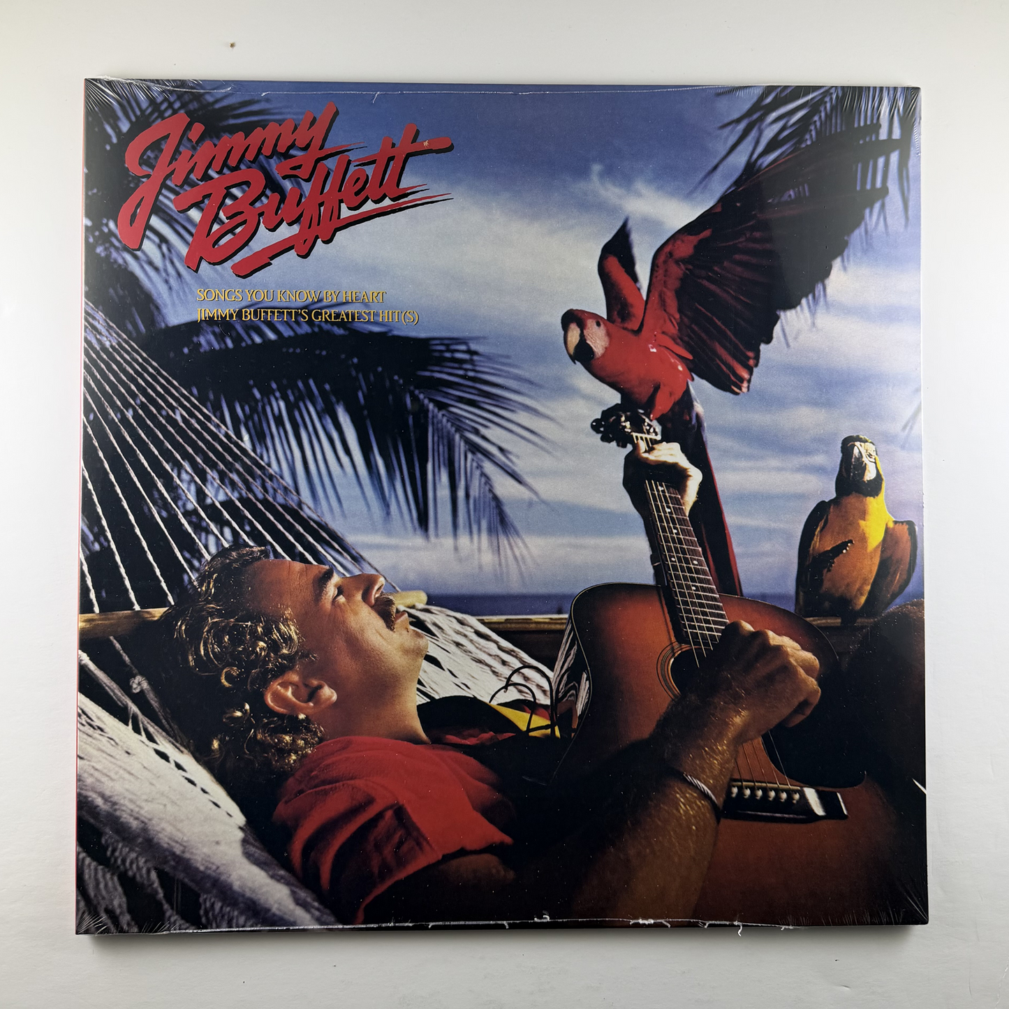 Vinyl record cover featuring a person with a guitar, parrots, and palm trees with 'Jimmy Buffett' text.